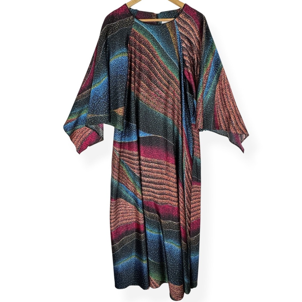 Vintage David Brown California Maxi Dress Size Medium Colorful Mumu Kaftan 70s